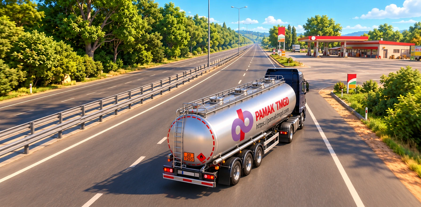 Soldan kuş bakışı açıyla, üzerinde PAMAK logosu ve https://pamaktmgd.com adresi bulunan ADR tankerinin sağ şeritte yolculuğu